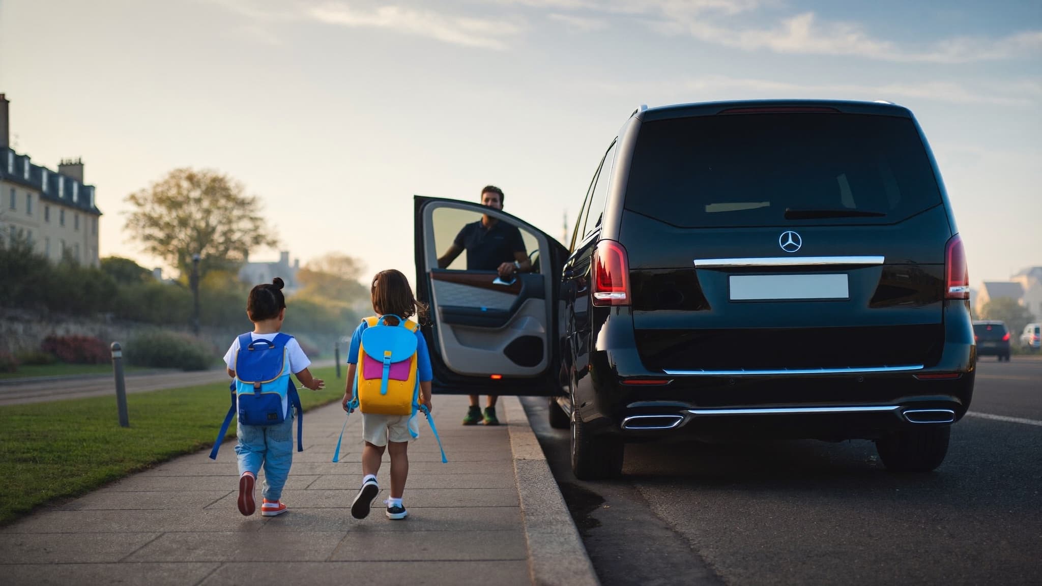 Des enfants rejoignent une navette préparée pour leur trajet.